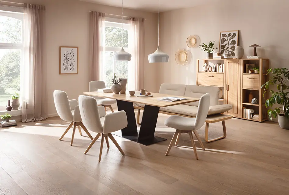 Esszimmer mit großem Esstisch aus Holz, gepolsterten Stühlen und moderner Pendelleuchte. Helle Einrichtung mit Sideboard und Dekoration für stilvolle Esszimmergestaltung